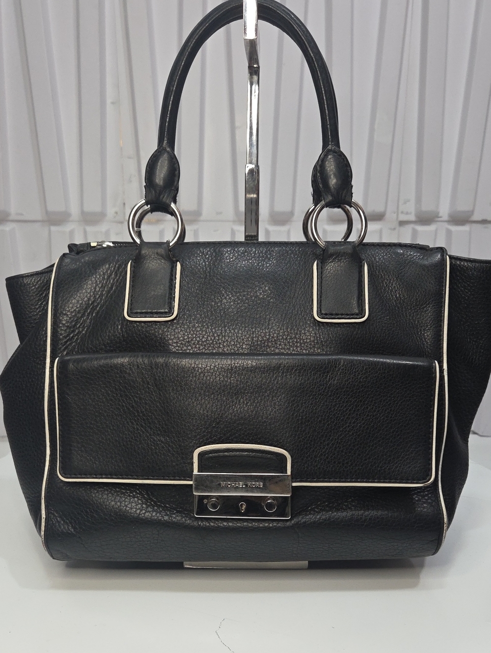 Michael Kors Audrey Black Pebbled Leather Satchel Bag White Trim Large